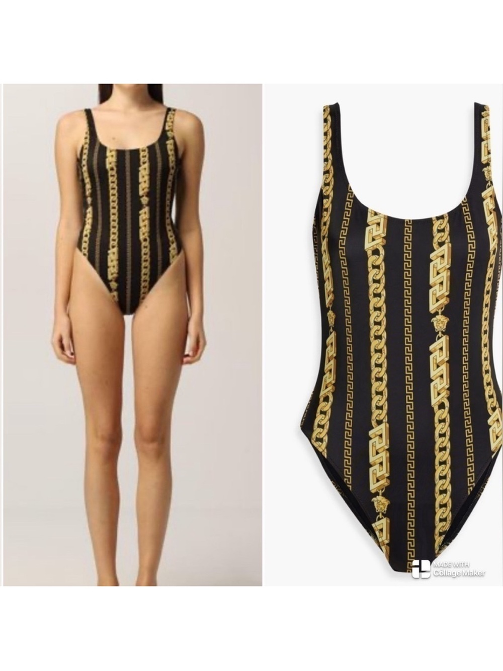 Versace Black and Gold Chain-Print One-Piece Swimsuit - Women Swim